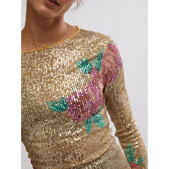 Free People Gold Sequin Long Sleeve Top - Picture 4 of 6